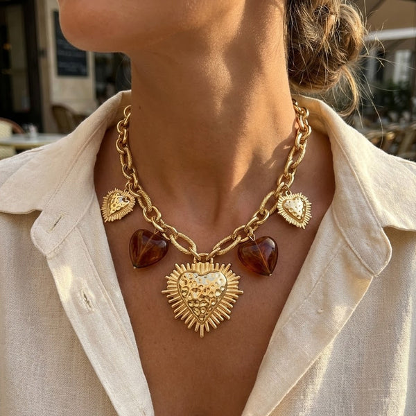 Collier Femmes Avec 15 Perles Bronzite Du Brésil Et Chaîne Acier - Neuf Avec étiquettes