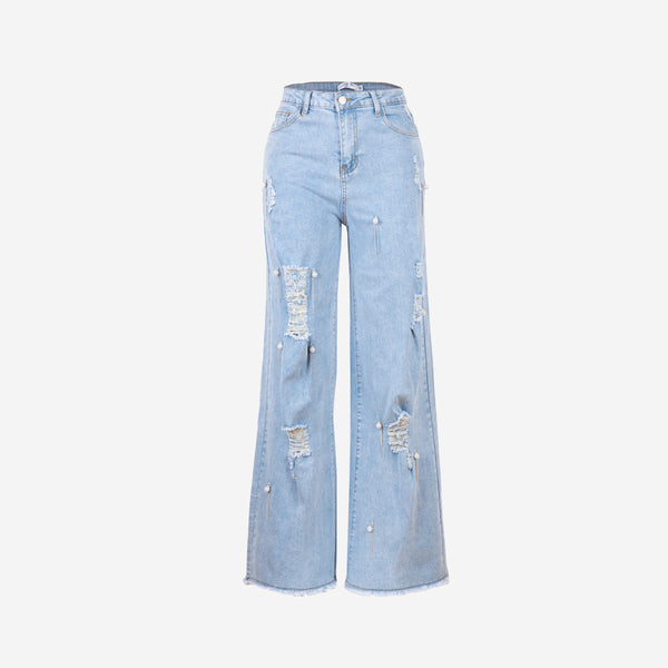 Straight leg jeans in a solid color.