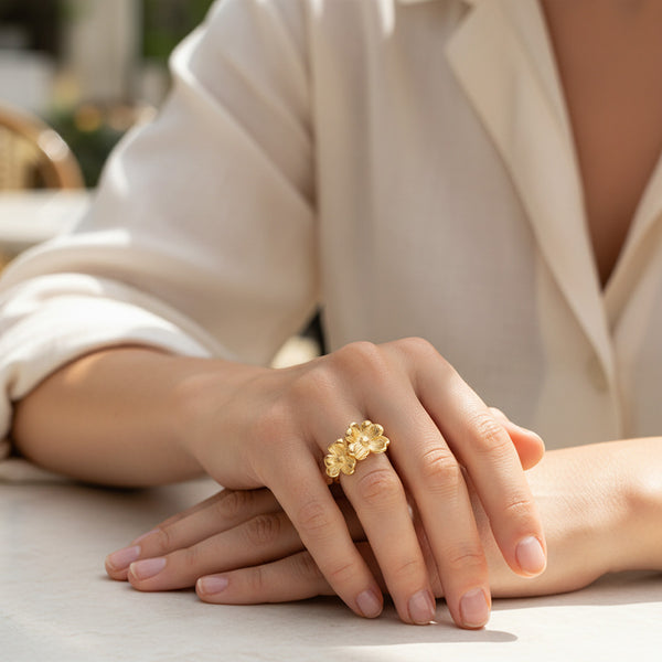 Bague Élégante Ouverte À Deux Fleurs Raffinée
