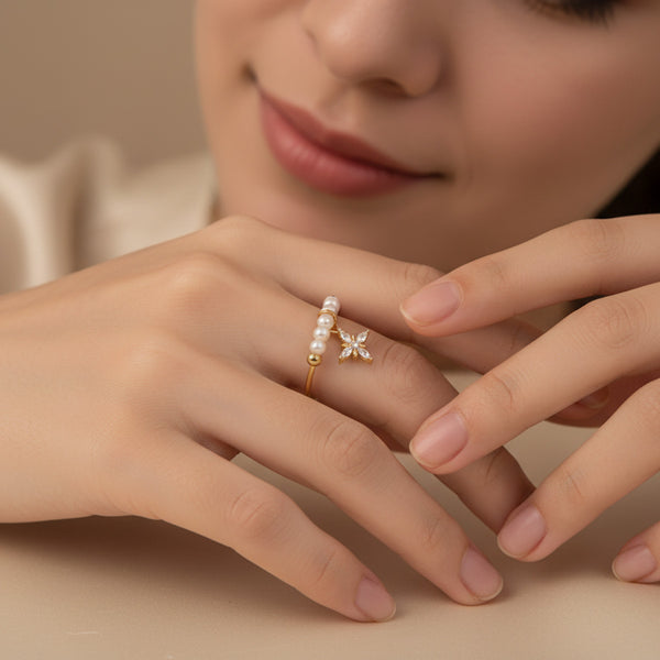 Bague Fleur Étoile Ornée De Perles Chic