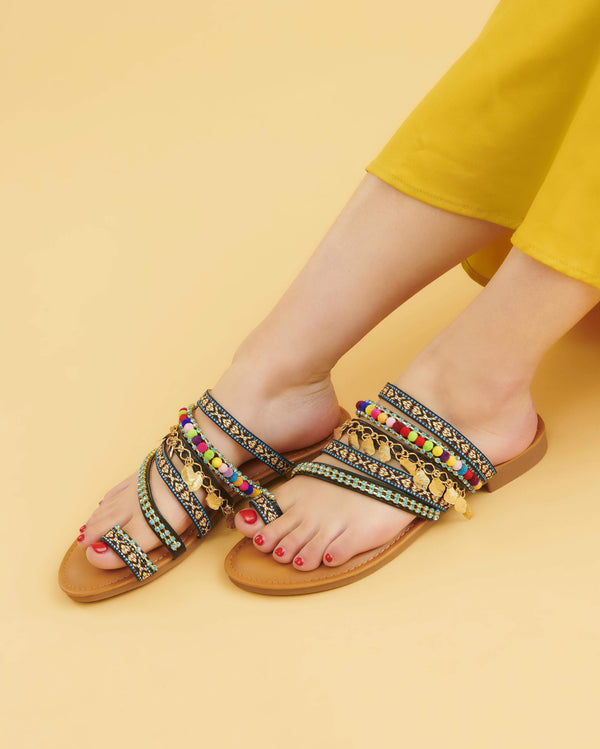 Flat colorful sandals.